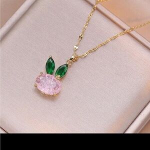 Gold-Plated Pink Crystal Pendant Necklace with Green Accent